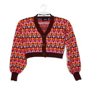CIDER Women's Brown Orange Heart Argyle Cropped Cardigan Sweater Puff Sleeve - S